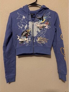 Ed Hardy Women's Blue Zip-Up Hoodie with Graphic Print Size Small